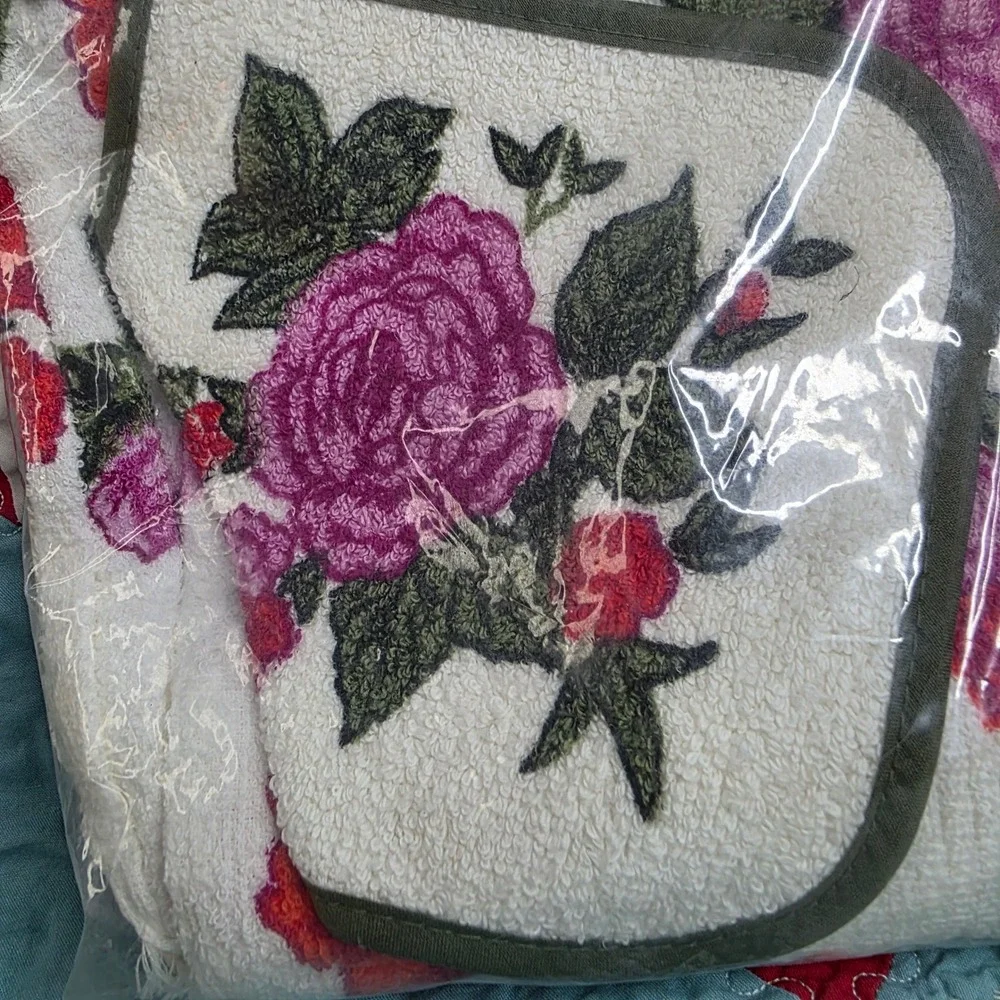 Excello Hostess Gift Set Terrycloth Floral Apron Towel Dish Cloth Pot Holder NOS